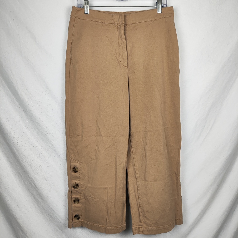 Hugo Boss Pants Womens 10 Beige Twill Crop Wide Leg Side Button Hem Stretch